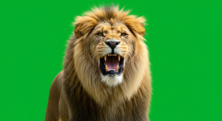 Magnificent roaring front lion displaying immense power on a vibrant chroma key background, symbolizing strength and dominance.

