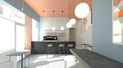 Modern cafe interior design, pastel walls, sunlight