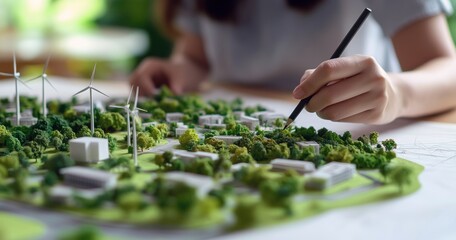 Une femme dessinant une maquette architecturale d'une ville, avec des espaces verts, des bâtiments et des éoliennes, concept de construction pour un développement urbain durable.