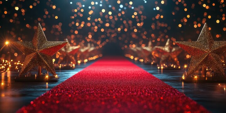 Glittering red carpet pathway flanked by shining stars during a glamorous awards ceremony