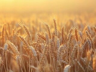 Fototapeta premium A field of wheat with the sun setting in the background, ideal for agricultural or nature-themed designs