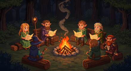 Pixel Art Campfire Gathering: A Magical Meeting Under the Forest Stars