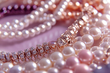 Close-up of lustrous pearls and diamond bracelet, showcasing elegance and luxury, ideal for jewelry advertisement or design inspiration