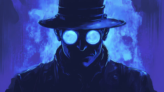 Mysterious figure wearing goggles and a hat, exuding an enigmatic aura. Enigmatic Aura. Illustration