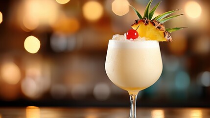 A refreshing tropical cocktail garnished with a slice of pineapple and cherry sits elegantly in a glass, inviting viewers to indulge in the vibrant flavors of summer.