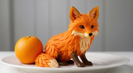 Fox sculpture made of carrots with an orange on a white plate