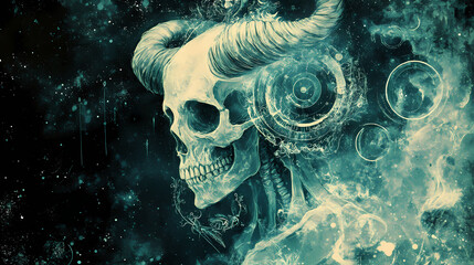 Mystical tarot depiction of a skeletal satyr shrouded in enigmatic aura. Enigmatic Aura. Illustration