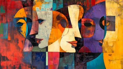 Fototapeta premium Vibrant abstract painting with geometric shapes and elongated figures in retro expressionist style – artistic background with bold colors and dynamic composition for modern interior design