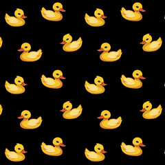 Ducklings on a black background.Vector seamless pattern with yellow ducklings on a black background.