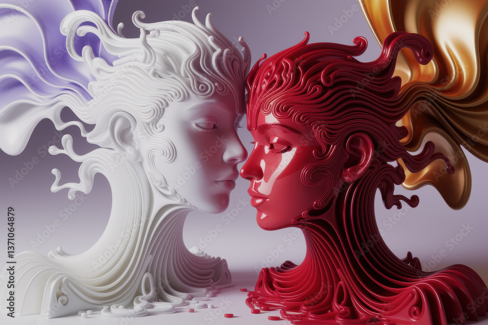 Poster dynamic duality of face sculptures in fluid colors representing emotion and connection