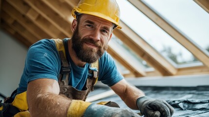 An engaged craftsman smiles while working with construction materials, depicting the joy in skilled labor and the satisfaction of creating something with one's hands and effort.