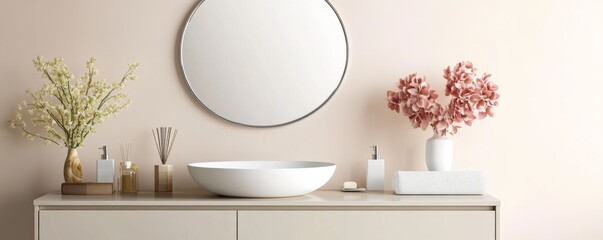 Frameless round mirror in a contemporary bathroom with a floating vanity and soft neutral tones