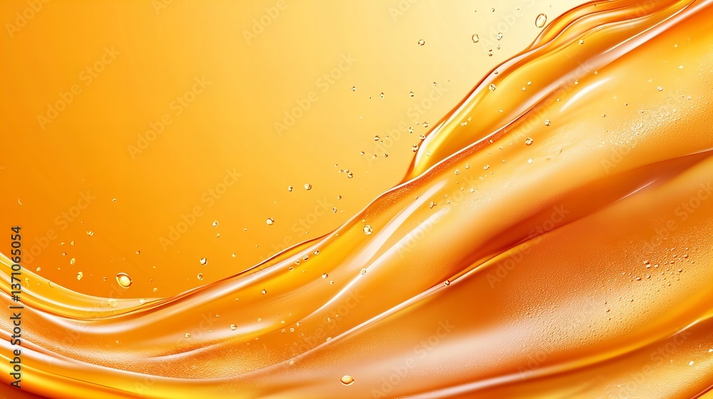Poster abstract golden liquid flows smoothly, creating curved shapes with water droplets on an gradient yel