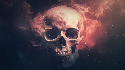 Vintage dark photography reveals a mystical skull, its aura glowing eerily in the night. Enigmatic Aura. Illustration