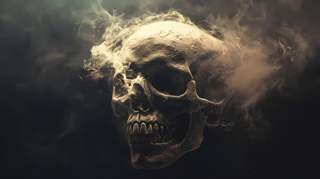 Vintage dark photography reveals a mystical skull, its aura glowing eerily in the night. Enigmatic Aura. Illustration