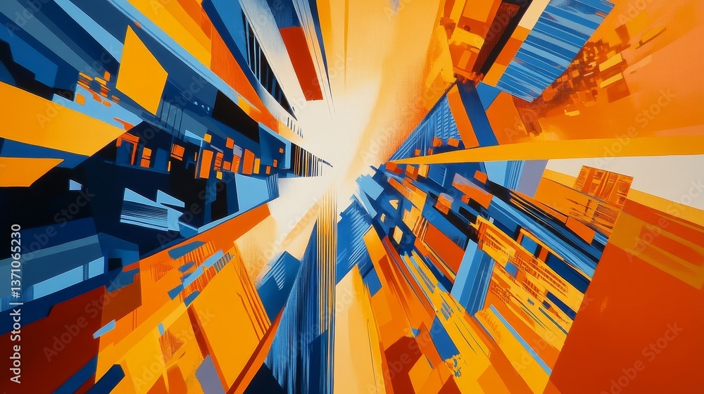 Poster angular cityscape abstract bold colors dynamic perspective.