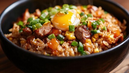 Fototapeta premium Delicious Beef Fried Rice with Egg and Green Onions
