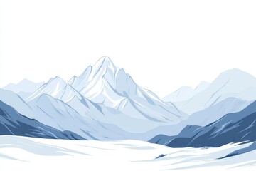 Minimalist vector illustration of snow capped mountains in blue palette on white background