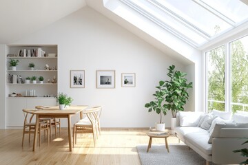 Fototapeta premium Bright modern living room with wooden floor and skylight in top floor apartment with plants