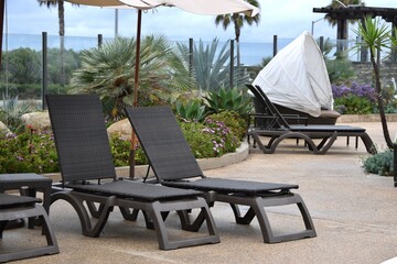 Chaise lounge chairs at beach resort