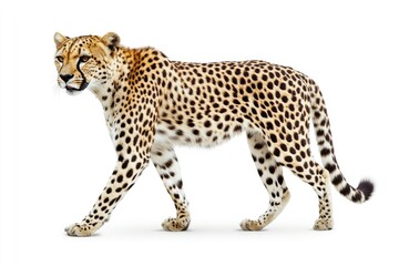 Cheetah Walking Isolated on White Background with Spotted Fur Pattern