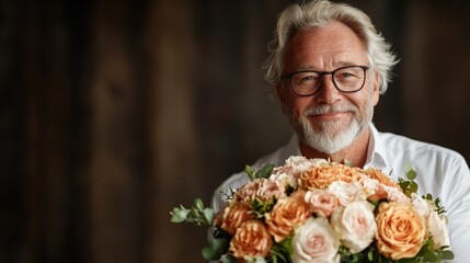 An elderly man with a gentle smile presents a lovely bouquet of roses, symbolizing love and appreciation, radiating warmth and joy in a simple yet beautiful moment.