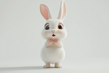 Obraz premium Cute White Bunny Standing Upright with Paws Together on Plain Background