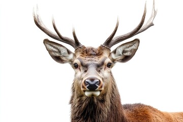 Majestic Red Deer Portrait Isolated on White Background Looking Directly