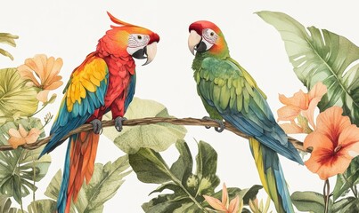 Watercolor Scarlet Macaw & Green Parrot on Tropical Branch with Hibiscus Blooms