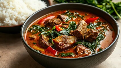 Delicious Beef Stew with Spinach and Rice