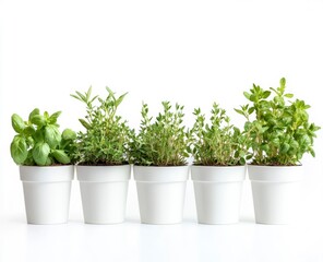 Potted Herbs Growing Fresh Culinary Plants in White Pots on White