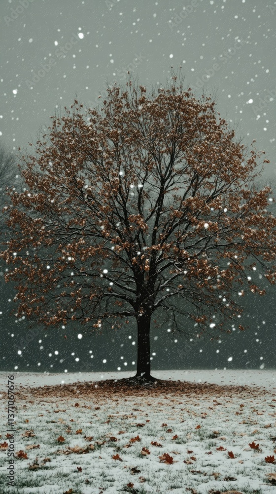 Poster a single tree stands out in a snowy field with falling snow, isolated and serene