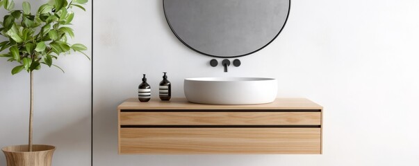 Japandi-style bathroom featuring a floating vanity, frameless round mirror, and natural wood textures