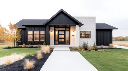 Fototapeta premium Modern farmhouse exterior with black and white design. Crisp lines and clean architectural style. Stylish home with a front porch and walkway. Spacious layout, inviting appeal