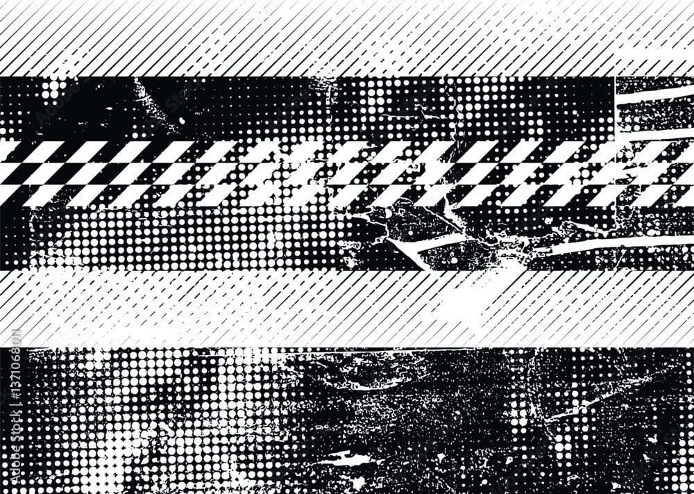 Aufkleber Glitch distorted grunge layer . Noise destroyed texture. Checkered race grunge flag . Overlay grunge texture .Distressed effect .Vector shapes with a speed lines and tire tracks screen print texture.