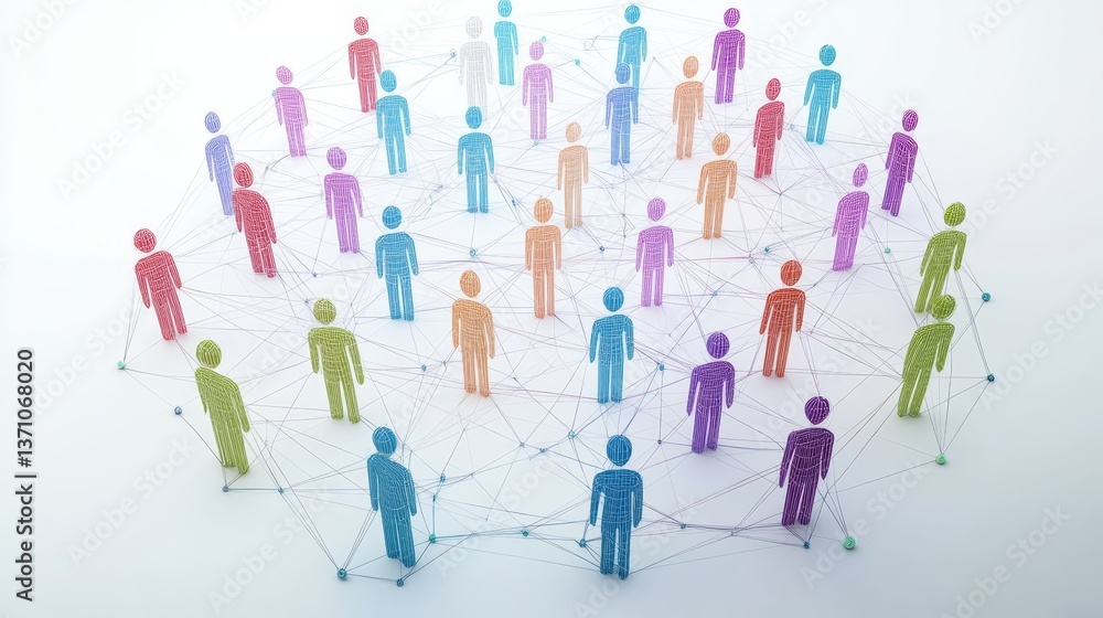Poster colorful pawn icons connected by strings representing social networking and communication concepts