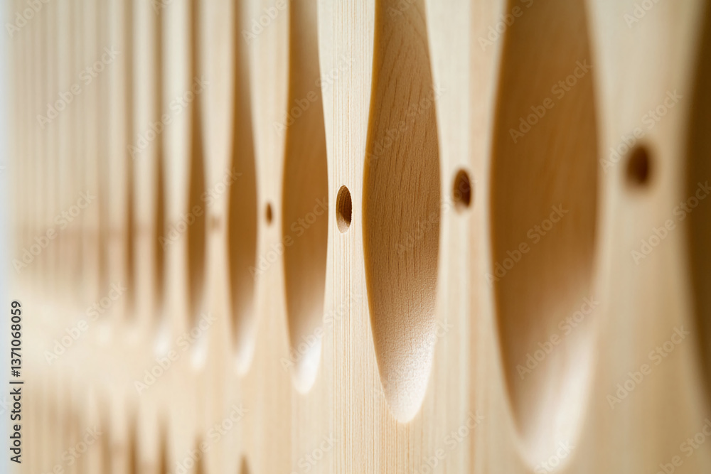 Poster Close-up of light brown wooden texture with carved, teardrop-shaped recesses, creating a smooth, repeating pattern ideal for background or design element