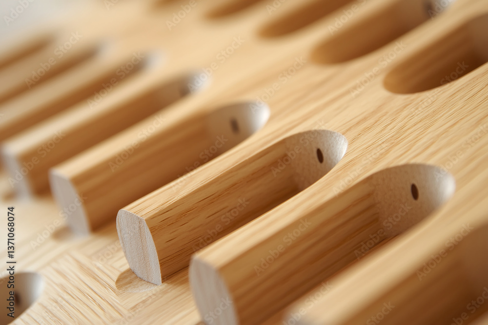 Poster Close-up of light brown wooden texture, showcasing a series of aligned grooves, creating a clean and organized appearance, representative of minimalist design or product display