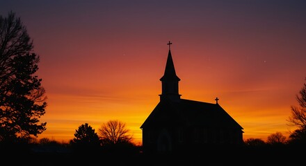 Fototapeta premium Church Silhouette at Vivid Sunset with Warm Colors and Dark Trees