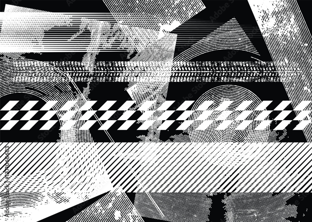Aufkleber Glitch distorted grunge layer . Noise destroyed texture. Checkered race grunge flag . Overlay grunge texture .Distressed effect .Vector shapes with a speed lines and tire tracks screen print texture.