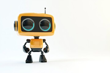 Isolated Yellow Toy Robot Standing on White Background Looking Forward