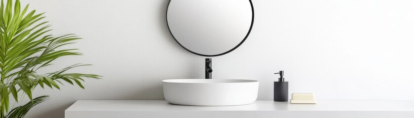 Fototapeta premium Small contemporary bathroom with a compact round mirror, white walls, and minimalist decor