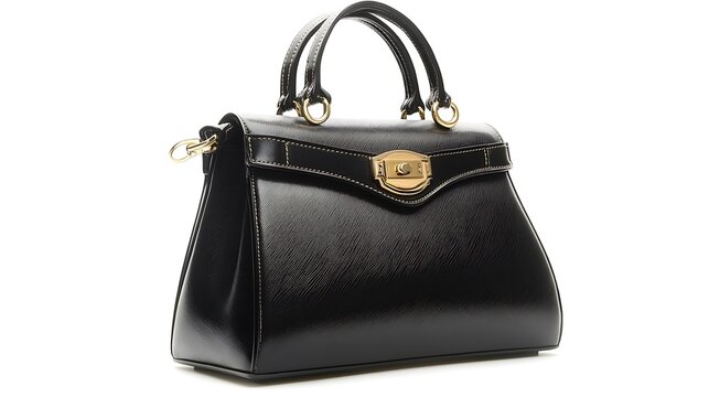 Elegant black leather handbag with gold accents, smooth texture, premium stitching, modern design, isolated on solid white background.