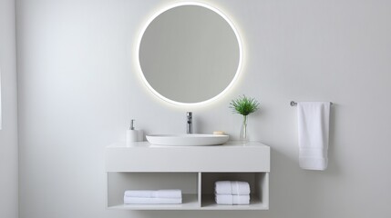 Small contemporary bathroom, round LED mirror, floating vanity, creative storage