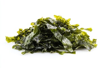 Pile of dried seaweed on a white background, showcasing its texture and color for culinary use