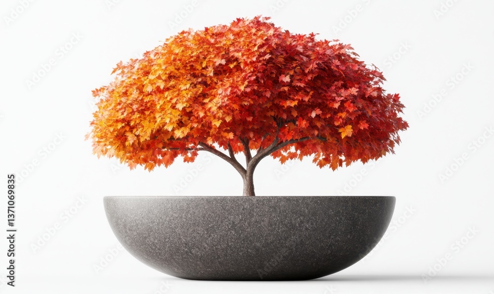 Poster autumn maple tree in a modern pot on white background for design projects