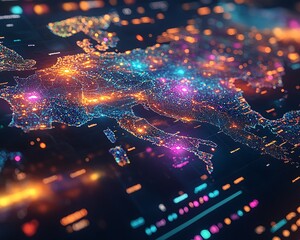 An abstract depiction of illuminated digital geographical connections