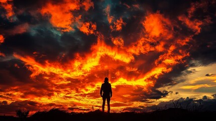 Fototapeta premium Person stands silhouetted against fiery sunset sky.