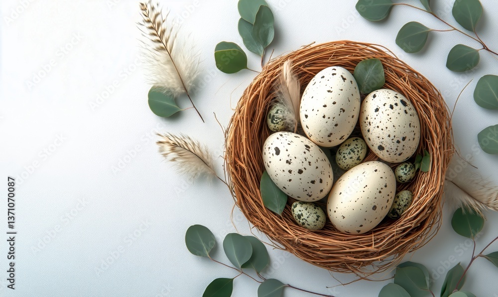 Poster nest with speckled eggs surrounded by greenery on a light background in soft natural light