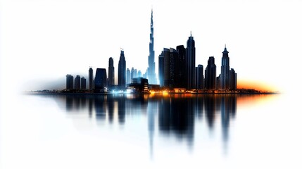 Fototapeta premium Reflected Majesty: A Stunning Skyline Silhouette on Water Surface Scenery
